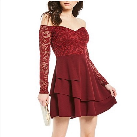 City Vibes Dresses & Skirts - NWT Burgundy Off Shoulder Lace Dress